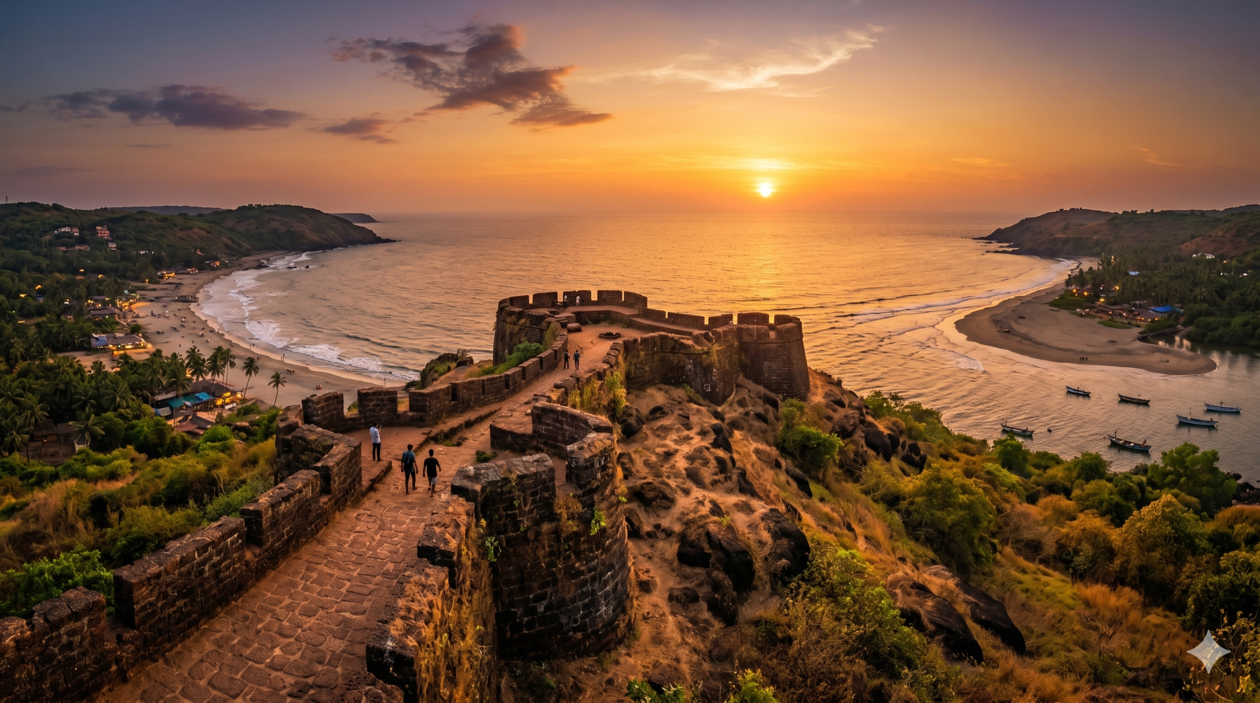 Sunset view from Chapora Fort in Goa overlooking Vagator beach and the Chapora river