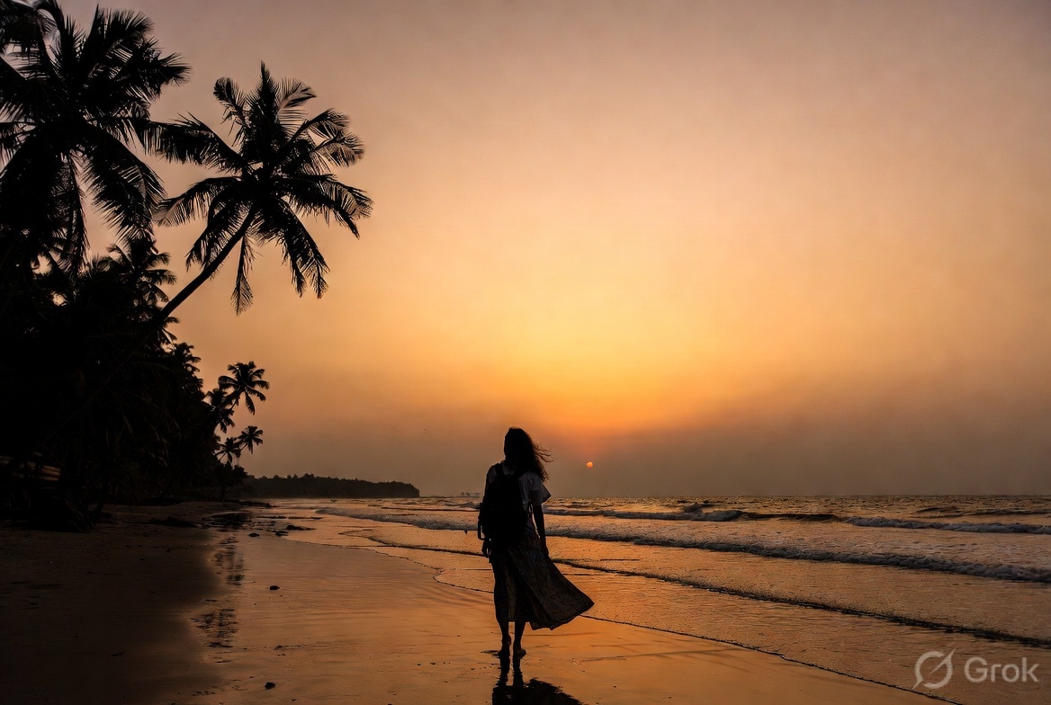 Traveller watching sunset on a quiet South Goa beach