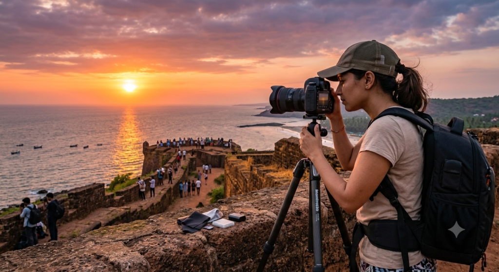 Photography guide to the best sunset points in Goa — Vagator cliffs at dusk