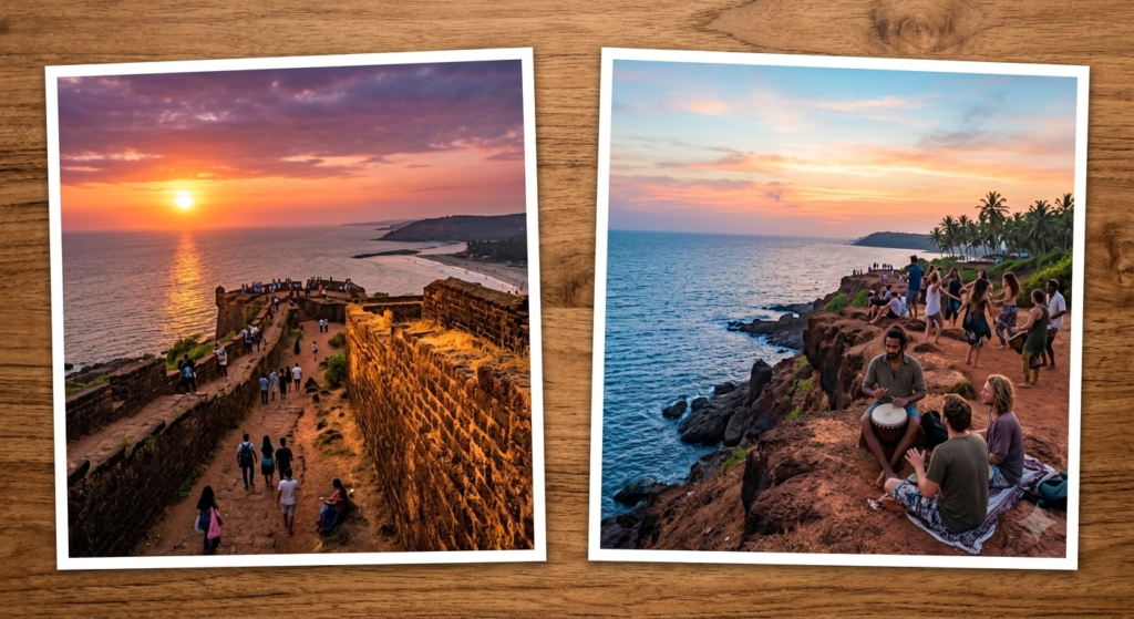 Best sunset points in Goa — golden hour view from Chapora Fort overlooking the Arabian Sea