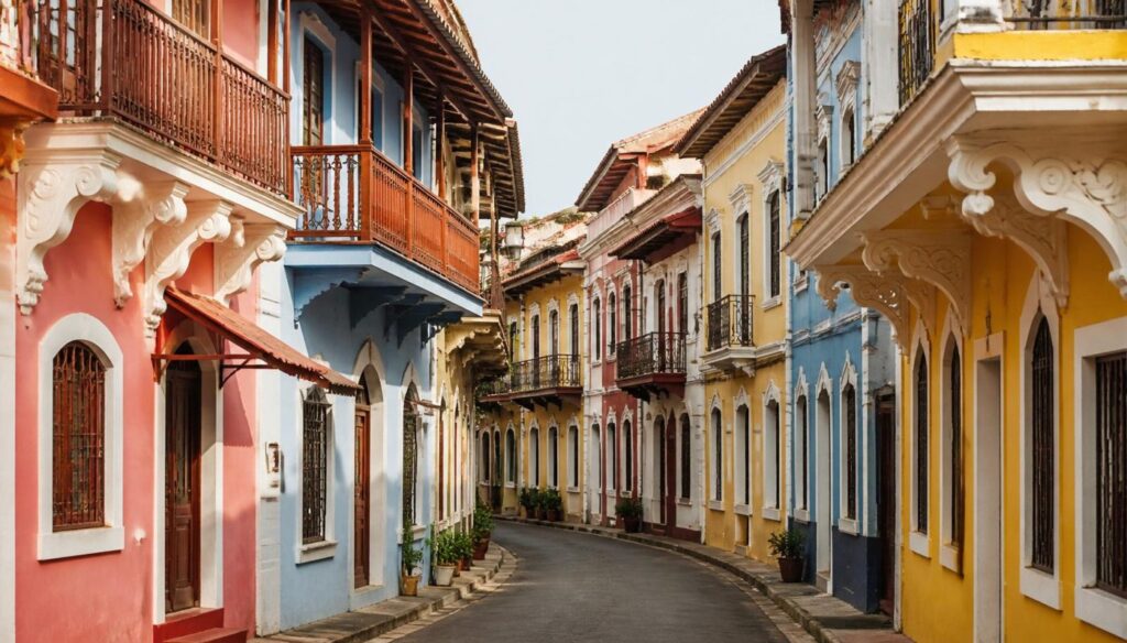Colorful pastel Portuguese houses lining a narrow street in Fontainhas, Panjim — an Instagram-famous photography spot in Goa