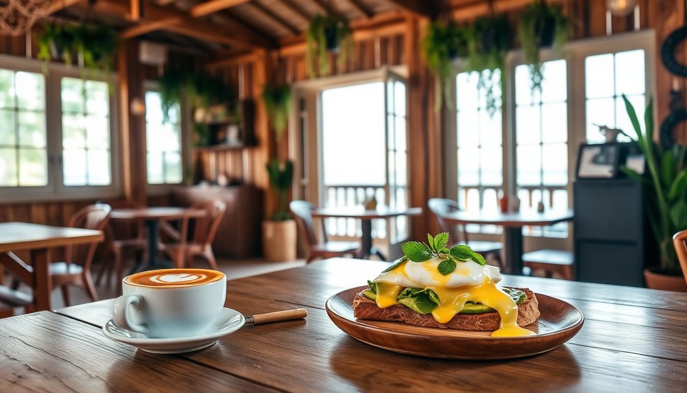 Rustic Goa cafe with wooden interior, latte art and avocado brunch on a wooden table