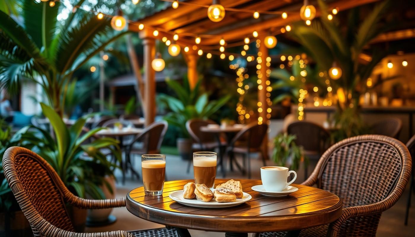 Cozy outdoor cafe patio in Assagao Goa with fairy lights, wicker chairs and coffee