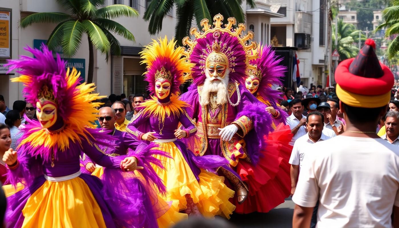 Goa Carnival parade with colourful masked dancers and King Momo float in Panjim