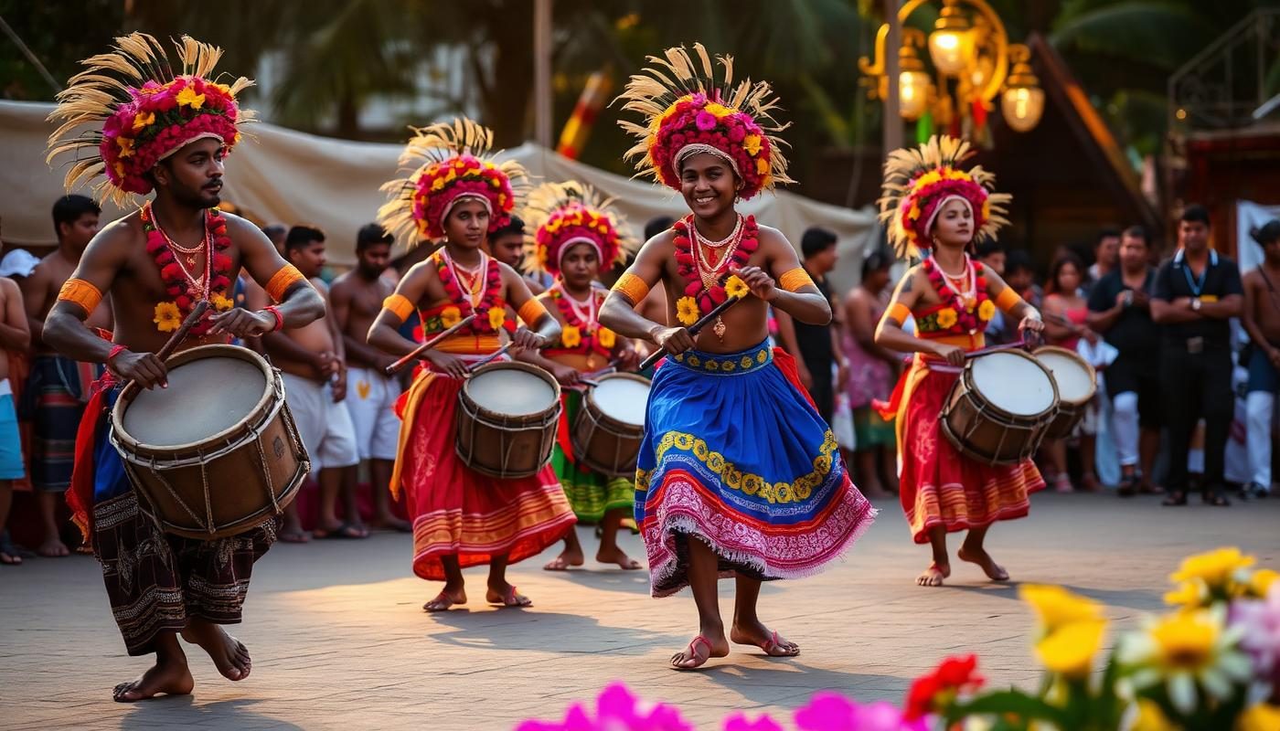 Traditional Goan folk dancers with drums and floral headgear at Shigmo festival