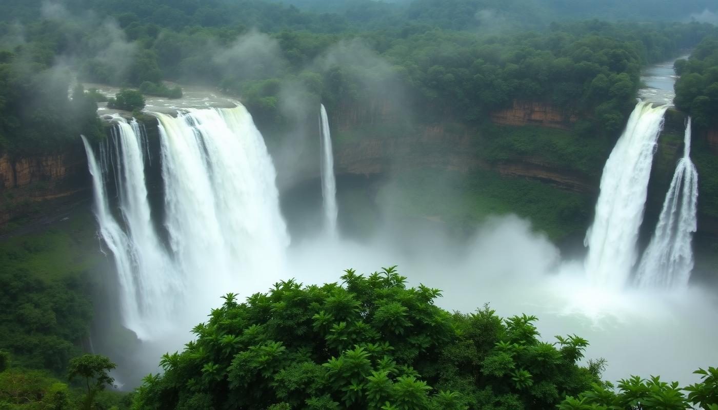 Dudhsagar Waterfall Goa in full monsoon flow with lush green cliffs and mist