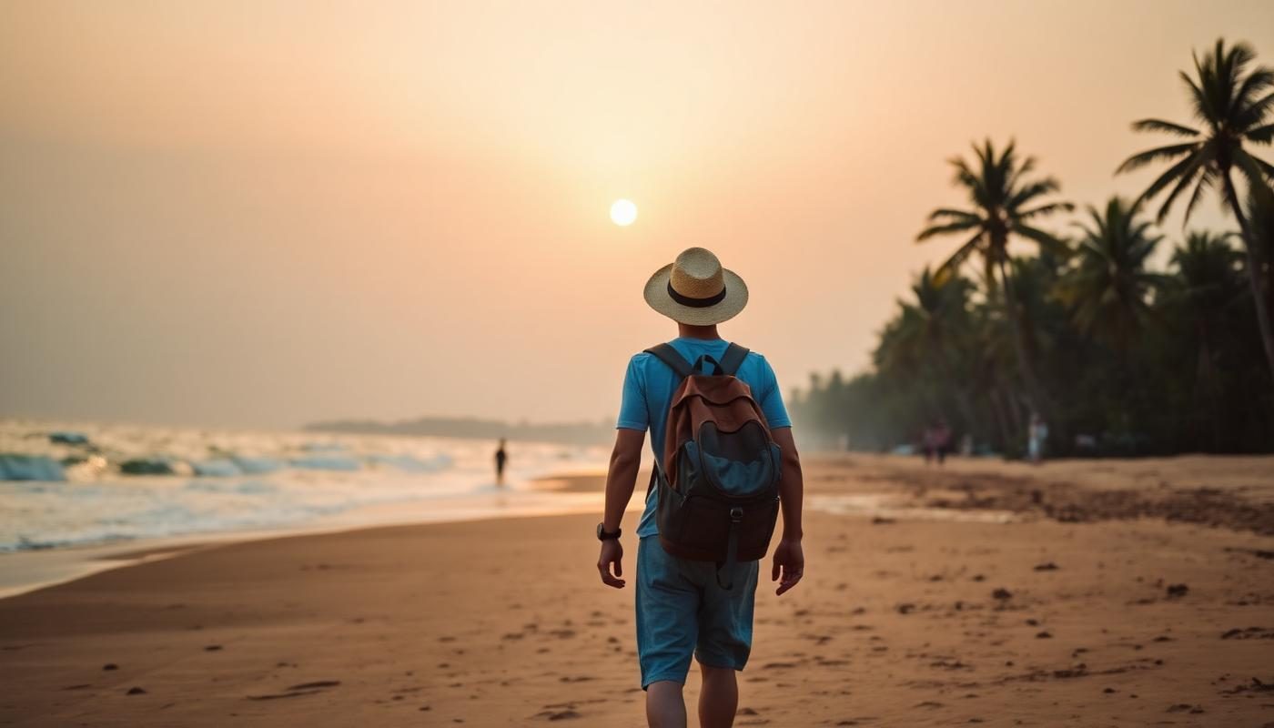 Traveller with a backpack walking on a Goa beach at sunset
