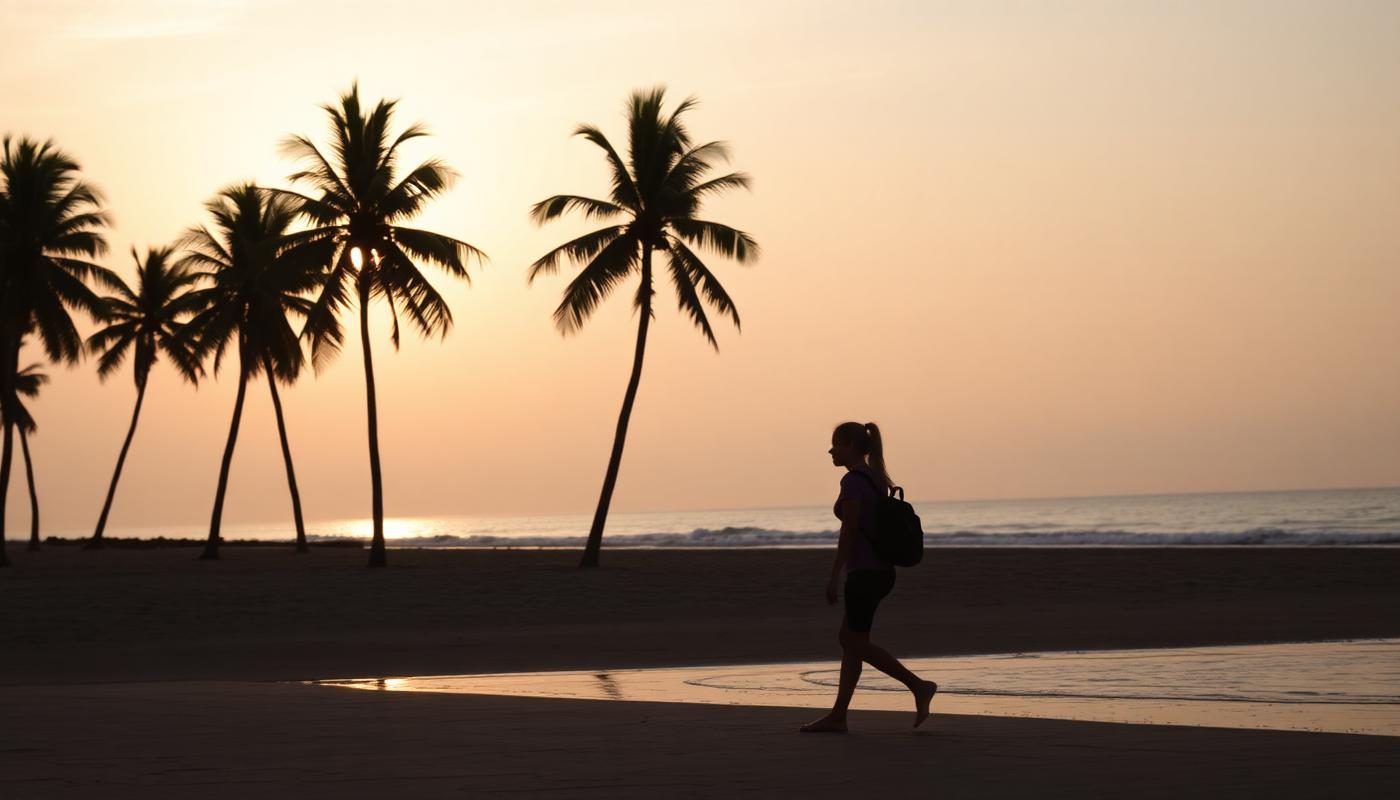 Solo female traveller with backpack walking on Palolem Beach Goa at sunset