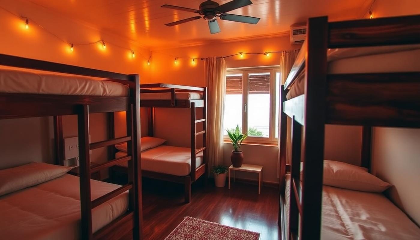 Cozy hostel dorm room in Goa with wooden bunk beds, fairy lights and ocean view
