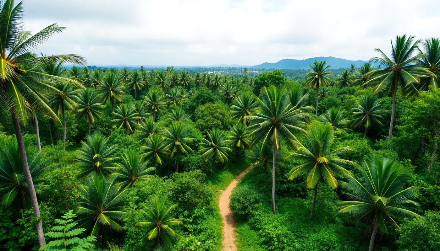 Aerial view of a lush Goa spice plantation with coconut palms and cardamom vines