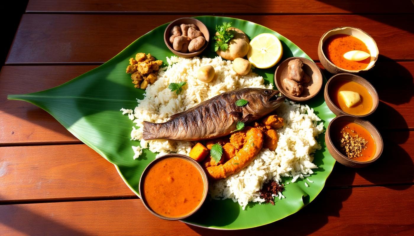 Traditional Goan thali served on a banana leaf with fish curry, rice and spices