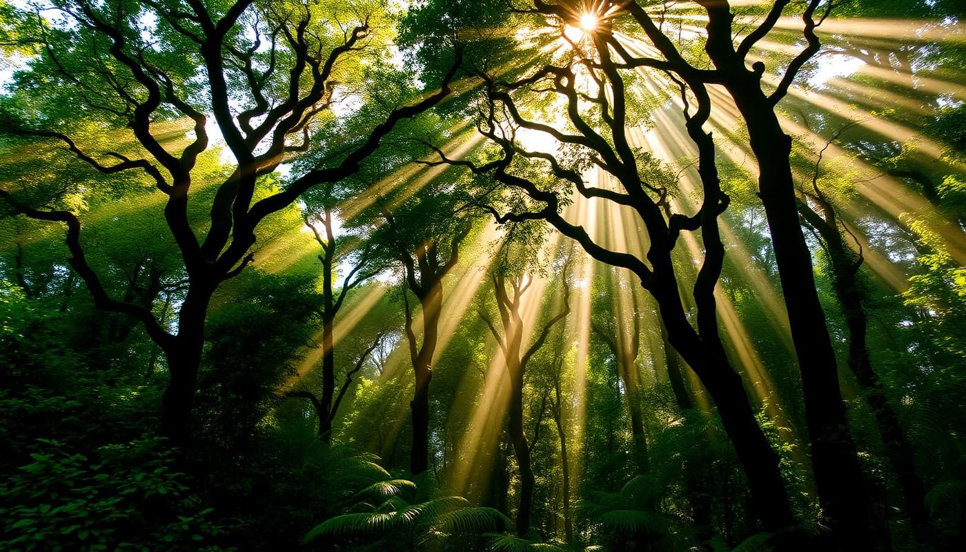 Sunbeams through the rainforest canopy at Bhagwan Mahavir Wildlife Sanctuary Goa