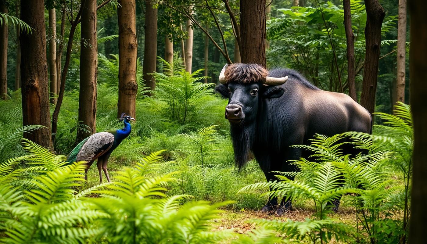 Indian bison (gaur) and peacock in a Goa forest clearing surrounded by ferns